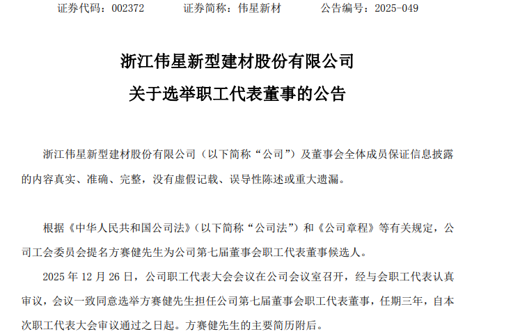 伟星新材20逾年营销骨干方赛健履新,兼任职工代表董事与总经理助理